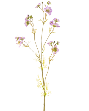 Artificiell Blomma Cosmos 95 cm lila har en delikat stjälk med flera ljuslila blommor och små gröna blad, vackert mot en vanlig vit bakgrund.