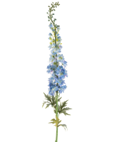 En enda stjälk av konstgjord blomlöksporre 137 cm mörkblå, med flera mörkblå konstgjorda blommor och gröna blad, arrangerade längs den övre stjälken och mot en vit bakgrund.