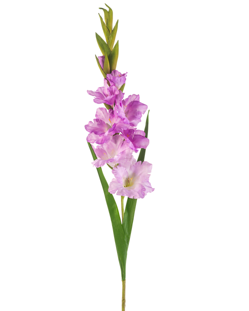 Den konstgjorda blomman Gladiolus 93 cm lila är en konstgjord gladiolustjälk med ljuslila och rosa blommor, gröna blad och knoppar mot en vit bakgrund.