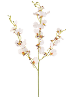 The Artificial Flower Orchid 98 cm krämen är en enda artificiell krämorkidéstjälk med flera fina blommor och flera knoppar, med gula och lila mittpunkter, isolerad på en vanlig vit bakgrund.