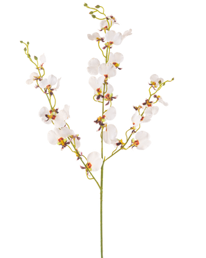 The Artificial Flower Orchid 98 cm krämen är en enda artificiell krämorkidéstjälk med flera fina blommor och flera knoppar, med gula och lila mittpunkter, isolerad på en vanlig vit bakgrund.