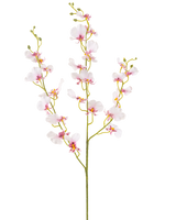 Artificiell blomsterorkidé 98 cm rouge har en enda lång stjälk med flera fina ljusrosa orkidéblommor och knoppar, tunna gröna grenar och små ovala blad, allt mot en vanlig vit bakgrund.
