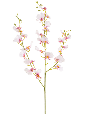 Artificiell blomsterorkidé 98 cm rouge har en enda lång stjälk med flera fina ljusrosa orkidéblommor och knoppar, tunna gröna grenar och små ovala blad, allt mot en vanlig vit bakgrund.