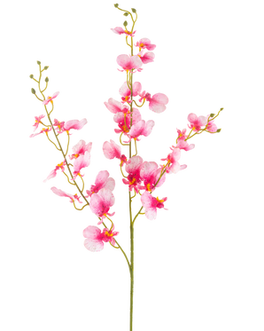 Artificiell blomorkidé 98 cm rosa har en enda stjälk med flera grenar av livfulla rosa orkidéblommor, fina kronblad och gröna knoppar, mot en vanlig vit bakgrund.