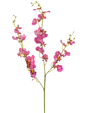 Artificiell blomsterorkidé 98 cm fuchsia har livfulla rosa orkidéblommor och knoppar på långa, smala gröna stjälkar, vackra mot en vit bakgrund.