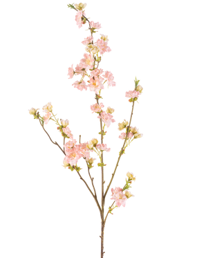 Konstgjorda blommor körsbärsblommor 94 cm ljusrosa har en enda gren med flera utlöpare, dekorerad med klasar av känsliga ljusrosa körsbärsblommor och gröna knoppar, mot en vanlig vit bakgrund.