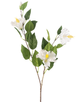 Den konstgjorda blomma Hibiscus 89 cm krämen har en gren med gröna blad och tre krämfärgade hibiskusblommor med gula ståndare mot en vanlig vit bakgrund.