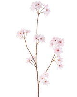 Den konstgjorda blomman körsbärsblommor 85 cm ljusrosa har en enda smal brun stjälk med klasar av känsliga ljusrosa körsbärsblommor, vackert isolerade på en vit bakgrund.