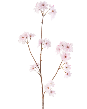 Den konstgjorda blomman körsbärsblommor 85 cm ljusrosa har en enda smal brun stjälk med klasar av känsliga ljusrosa körsbärsblommor, vackert isolerade på en vit bakgrund.