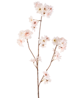Körsbärsblomman med konstgjorda blommor 85 cm har en enda brun stjälk med flera grenar, var och en dekorerad med känsliga rosa körsbärsblommor, mot en vanlig vit bakgrund.
