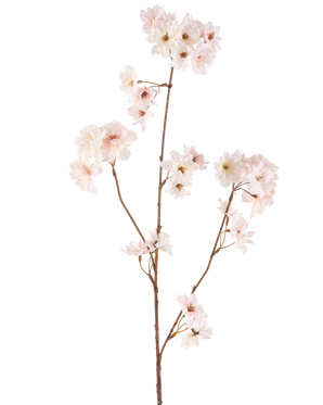 Körsbärsblomman med konstgjorda blommor 85 cm har en enda brun stjälk med flera grenar, var och en dekorerad med känsliga rosa körsbärsblommor, mot en vanlig vit bakgrund.
