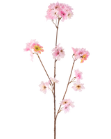 Den konstgjorda blomman körsbärsblommor 85 cm rosa har en enda brun stjälk med flera grenar, var och en dekorerad med klasar av känsliga ljusrosa konstgjorda körsbärsblommor, mot en vanlig vit bakgrund.