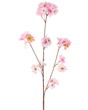 Den konstgjorda blomman körsbärsblommor 85 cm rosa har en enda brun stjälk med flera grenar, var och en dekorerad med klasar av känsliga ljusrosa konstgjorda körsbärsblommor, mot en vanlig vit bakgrund.