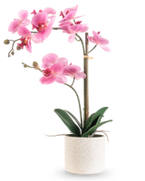 Artificiell orkidé Real Touch 60 cm rosa/vit har en rosa och vit orkidé med olika blommor och gröna blad i en vit strukturerad kruka, stödd av en tunn bambupinne, mot en vanlig vit bakgrund.