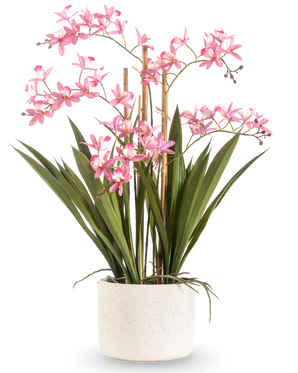 Den konstgjorda växten Mini Cymbidium Real Touch 58 cm rosa har långa gröna blad och flera rosa blomstammar, arrangerade i en strukturerad vit cylindrisk kruka, mot en vanlig vit bakgrund.