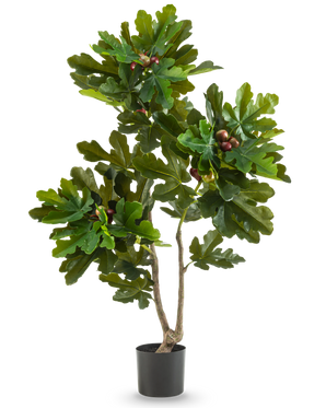 Konstgjorda växten Ficus Carica fikonträd 120 cm har frodiga gröna blad och små bruna frukter i en svart kruka, mot en vanlig vit bakgrund.