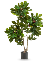 Konstgjorda växten Ficus Carica fikonträd 120 cm har frodiga gröna blad och små bruna frukter i en svart kruka, mot en vanlig vit bakgrund.