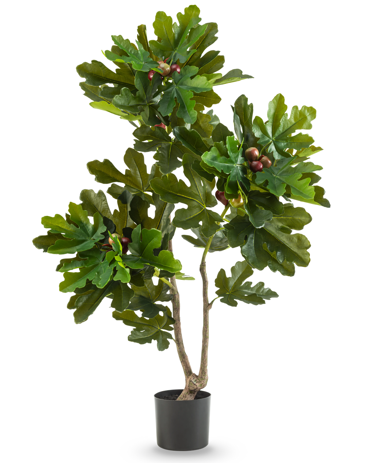 Konstgjorda växten Ficus Carica fikonträd 120 cm har frodiga gröna blad och små bruna frukter i en svart kruka, mot en vanlig vit bakgrund.