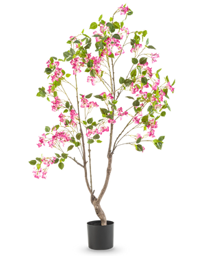 Artificiell Bougainvillea 150 cm är en hög konstgjord växt med flera grenar, gröna blad och livfulla rosa blommor i en svart kruka, mot en vanlig vit bakgrund.