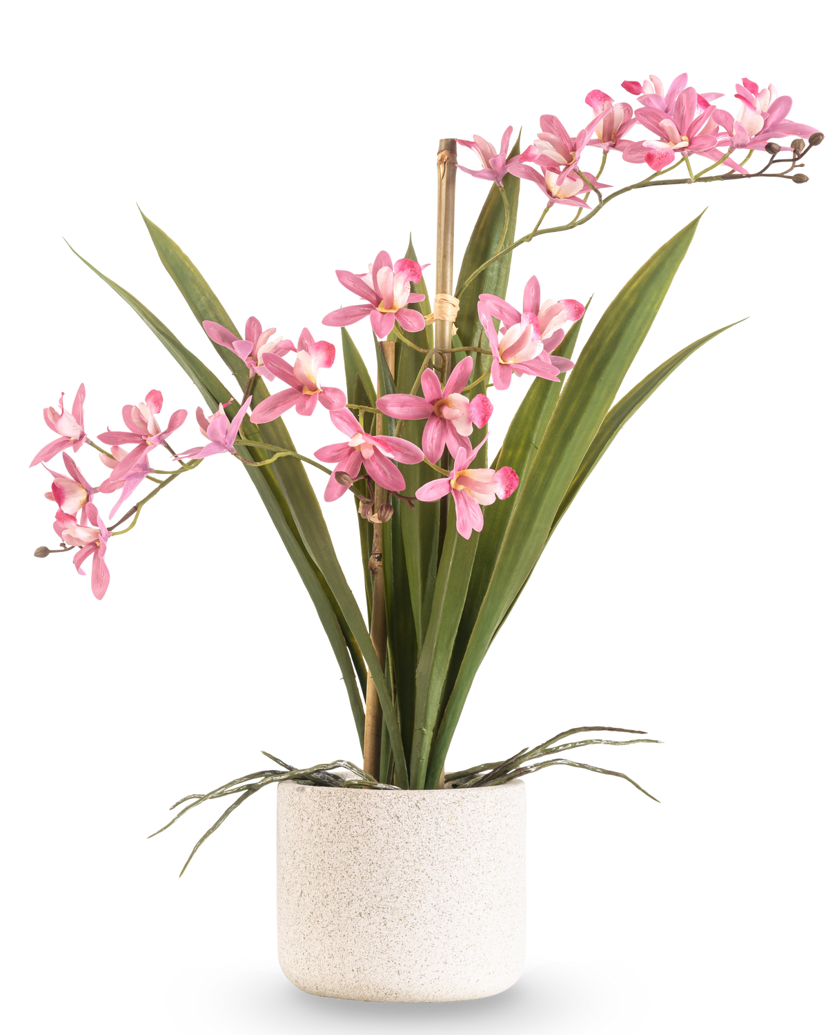 Artificiell växt Mini Cymbidium Real Touch 45 cm rosa har långa gröna blad och flera rosa blomstammar, arrangerade i en enkel kruka med vit struktur och mot en enkel bakgrund.