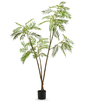 Konstgjorda växten Mahonia 210 cm är en hög konstgjord växt i kruka med smala bruna stjälkar och långa, smala gröna blad, avbildad mot en vanlig vit bakgrund.