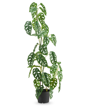 Den konstgjorda växten Monstera 90 cm grön är en hög, grön konstgjord växt med ovala blad med flera hål, utställd i en kruka mot en vanlig vit bakgrund.
