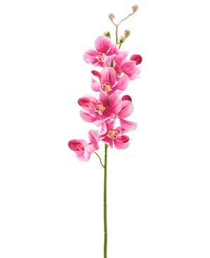 En konstgjord blomsterorkidé 55 cm lila med flera livfulla lila-rosa blommor och knoppar står mot en vanlig vit bakgrund.