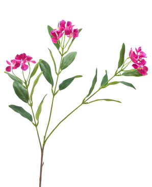 Konstgjorda blomman Catharanthus 68 cm lila har klasar av livfulla lila blommor och smala gröna blad på en vit bakgrund.