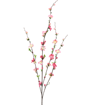 Den konstgjorda blomman 93 cm fuchsia/rosa har tre smala grenar med små gröna blad och klasar av fuchsia och rosa blommor, isolerade på en vit bakgrund.