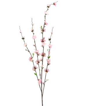 Artificiell blomblom 93 cm rosa har tre smala bruna grenar med små ljusrosa blommor och gröna blad, spridda över stjälkarna för en delikat, luftig look mot en vit bakgrund.