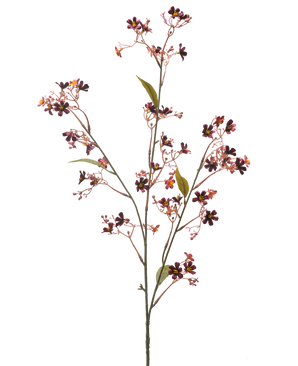 Den konstgjorda blomman Daphne 108 cm bordeaux har en enda stjälk med flera tunna grenar, små mörklila och rosa blommor med ett gult hjärta och några gröna blad mot en vanlig vit bakgrund.