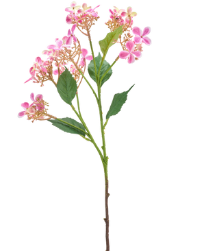 Artificiell blomma Wild Hortensia 62 cm rosa har en enda stjälk med flera klasar av små rosa och vita blommor och gröna blad, isolerade på en vit bakgrund.