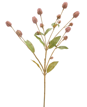 Den konstgjorda blomman Globosa 69 cm lila är en enda konstgjord stam med flera grenar, långsträckta gröna blad och knippen av små lila blomknoppar, mot en vit bakgrund.