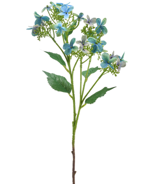 Artificiell blomma Vild Hortensia 62 cm blå/grön har en enda konstgjord stjälk med klasar av blå och gröna blommor och några gröna blad, avbildade mot en vit bakgrund.