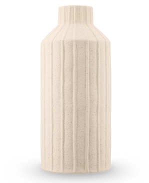 Forest Curve Vase 30 cm beige är en hög, cylindrisk keramikvas med en matt strukturerad yta med vertikala räfflade mönster och en smal hals.
