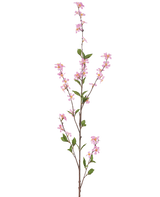 Konstgjorda blommor 119 cm rosa har en hög enkel gren med små rosa blommor och gröna blad på tunna bruna stjälkar, mot en vanlig vit bakgrund.
