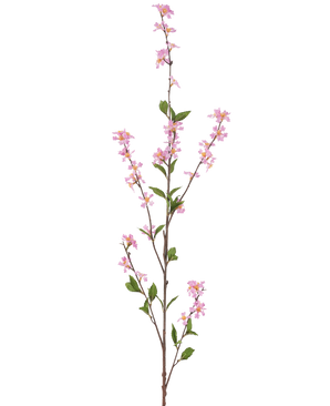Konstgjorda blommor 119 cm rosa har en hög enkel gren med små rosa blommor och gröna blad på tunna bruna stjälkar, mot en vanlig vit bakgrund.