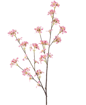 De konstgjorda blommorna 112 cm rosa har en enda brun gren med flera utlöpare, dekorerad med klasar av små rosa blommor med ett gult hjärta, mot en vanlig vit bakgrund.