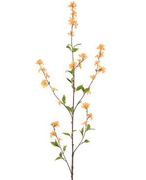 En lång, smal konstgjord blomma Blommor 119 cm gul med flera utlöpare med klasar av små gula blommor och gröna blad, isolerade på en vit bakgrund.