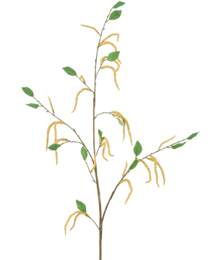 Den konstgjorda blomman Amaranth 147 cm gul består av en smal gren med gröna blad och flera hängande gula klappar, avbildade mot en vit bakgrund.
