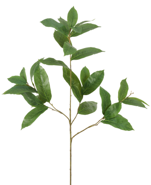 Artificiella grenblad 102 cm gröna har en enda smal gren med flera utlöpare, var och en dekorerad med flera långsträckta, glänsande gröna blad, mot en vanlig vit bakgrund.