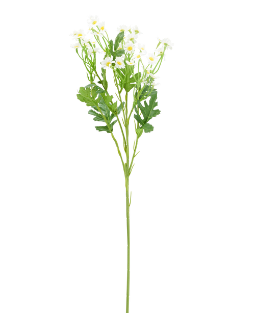 Konstgjord blomma Daisy Mini 61 cm: vit konstgjord blomma i form av en tusensköna, med vita kronblad, ett gult hjärta och gröna blad.