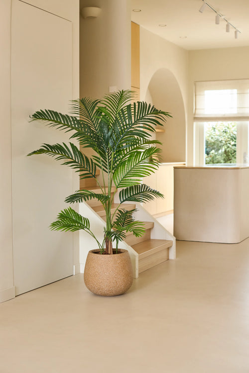 En 160 cm artificiell växt Phoenix sitter på ett ljust golv i ett modernt, minimalistiskt utrymme med mjukt naturligt ljus, böjda arkitektoniska element och neutrala toner – en enkel uppgradering av interiören som för in charmen med tropiska växter inomhus.