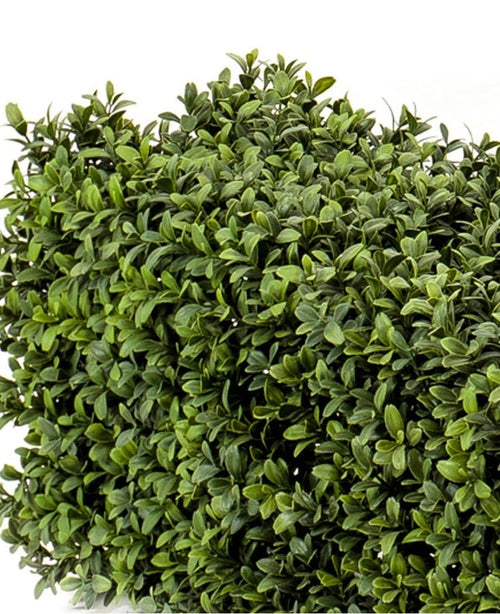 Artificiell buxbomshäck UV 100x20x25 cm har en tät, kvadratisk matta av konstgjorda buxbomsblad i olika gröna nyanser mot en vit bakgrund.