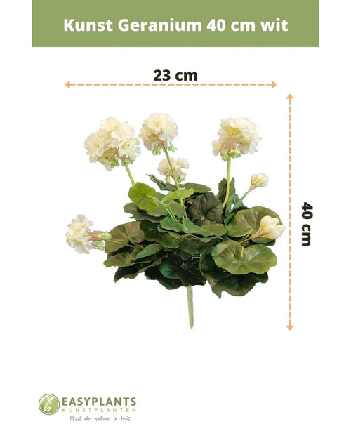 Konstgjord Pelargon 40 cm vit: konstgjord växt med gröna blad, höjd 40 cm och bredd 23 cm, vackert utställd mot en vit bakgrund med tydliga mått.