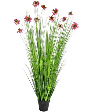 Konstgräsväxten Chrysanthemum 180 cm brandskyddsmedel är en konstgjord växt i kruka med höga, tunna gröna gräsliknande blad och rosa krysantemumblommor på långa stjälkar, avbildade mot en vit bakgrund.