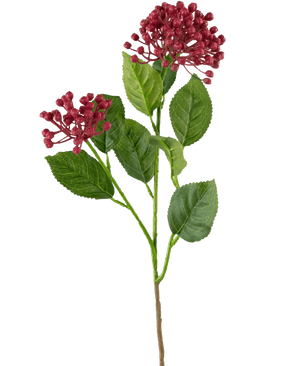 En enda konstgjord hortensiablomma på 55 cm mörkrosa stjälk med gröna blad och två knippen små, runda, djupt rosa knoppar mot en vanlig vit bakgrund.
