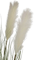 Konstgrästyget rörlök gräskruka 120 cm brandskyddsmedel har två höga, fluffiga vita plymer med smala gröna stjälkar och blad mot en vanlig vit bakgrund.