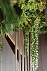 Artificiell Hedge Lush Deco Deluxe 100x100 cm UV skapar en frodig, naturlig takbild med hängande gröna bladverk ovanför vertikala träribbor, mjukt upplyst från bakgrunden.