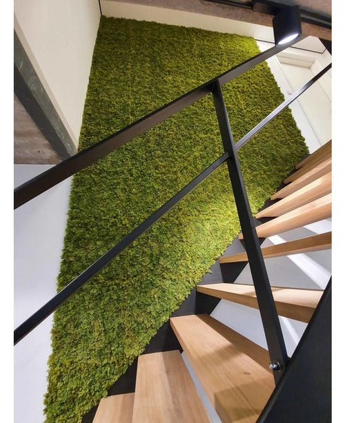 En modern trappa med trätrappa och svarta räcken står bredvid en grön vägg av Kunsthaag Nordic Moss 50x50 cm UV och lägger till en naturlig, strukturerad accent till den lyxiga inredningen.